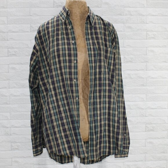 EDDIE BAUER Button Down Long Sleeve Plaid Casual Teal Navy Blue Classic Large - Picture 1 of 11